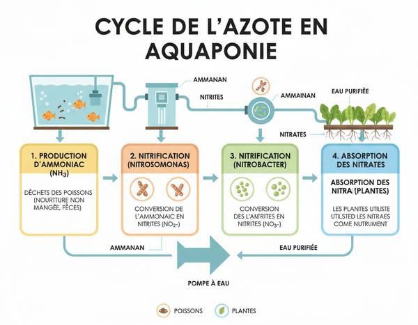 Schéma complet du cycle de l'azote en aquaponie montrant les étapes NH3, NO2 et NO3