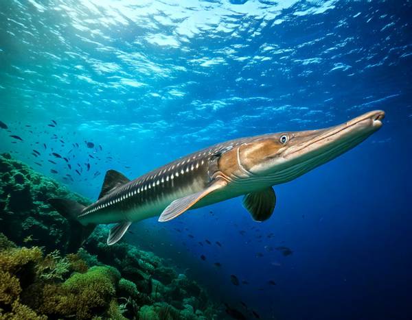 Un esturgeon majestueux au fond d'un bassin.